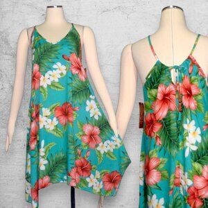 Puanani Hawaiian Floral Hibiscus Print Rayon Hanky Fairy Hem Tent Dress M